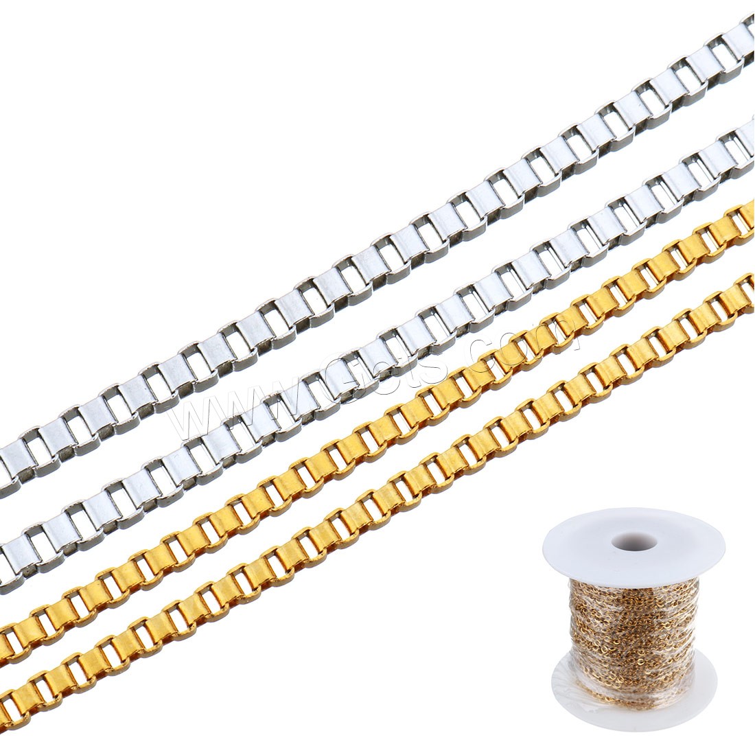 Stainless Steel Box Chain, with plastic spool, plated, different size for choice, more colors for choice, 25m/Spool, Sold By Spool