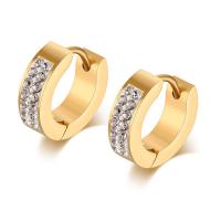 Stainless Steel Huggie Hoop Earring, with Rhinestone Clay Pave, gold color plated, hypo allergic & for woman, 4mm 