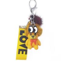 Resin Key Chain, with Rabbit Fur & Nylon & Iron & Zinc Alloy, Bear, silver color plated, with letter pattern 