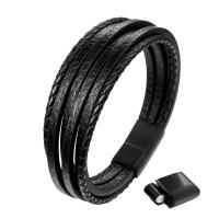 Leather Bracelet, with Waxed Nylon Cord & Stainless Steel, black ionic, Unisex & multi-strand, black Approx 8.3 Inch 