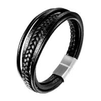 Кожа браслет, с нержавеющая сталь, Мужская & многонитевая, черный, длина:Приблизительно 8.3 дюймовый, продается Strand