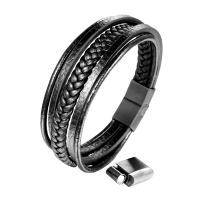 Кожа браслет, с нержавеющая сталь, черный покрытием, Мужская & многонитевая, черный, длина:Приблизительно 8.3 дюймовый, продается Strand