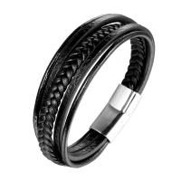 Кожа браслет, с нержавеющая сталь, Мужская & многонитевая, черный, длина:Приблизительно 8.3 дюймовый, продается Strand