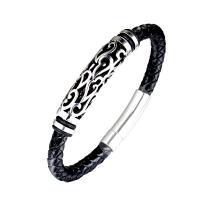 Cowhide Bracelets, Stainless Steel, with Cowhide, for man & blacken, black Approx 8.3 Inch 