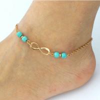 Brass Anklet, with Synthetic Turquoise, with 50mm extender chain, Infinity, gold color plated, oval chain & for woman, nickel, lead & cadmium free 