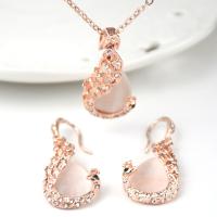 Zinc Alloy Jewelry Set, earring & necklace, with Cats Eye, with 1.96inch extender chain, rose gold color plated, oval chain & for woman & with rhinestone  Approx 16.5 Inch 