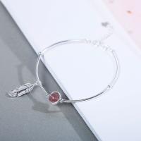 925 Sterling Silver Bracelet, with Strawberry Quartz, with 1.37lnch extender chain, Feather, platinum plated, for woman, 6mm Approx 5.9 Inch 