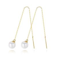 Brass Thread Through Earrings, with Freshwater Pearl, Oval, 18K gold plated, oval chain & for woman, nickel, lead & cadmium free 