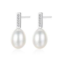 Brass Stud Earring, with Freshwater Pearl, Oval, platinum plated, micro pave cubic zirconia & for woman nickel, lead & cadmium free 