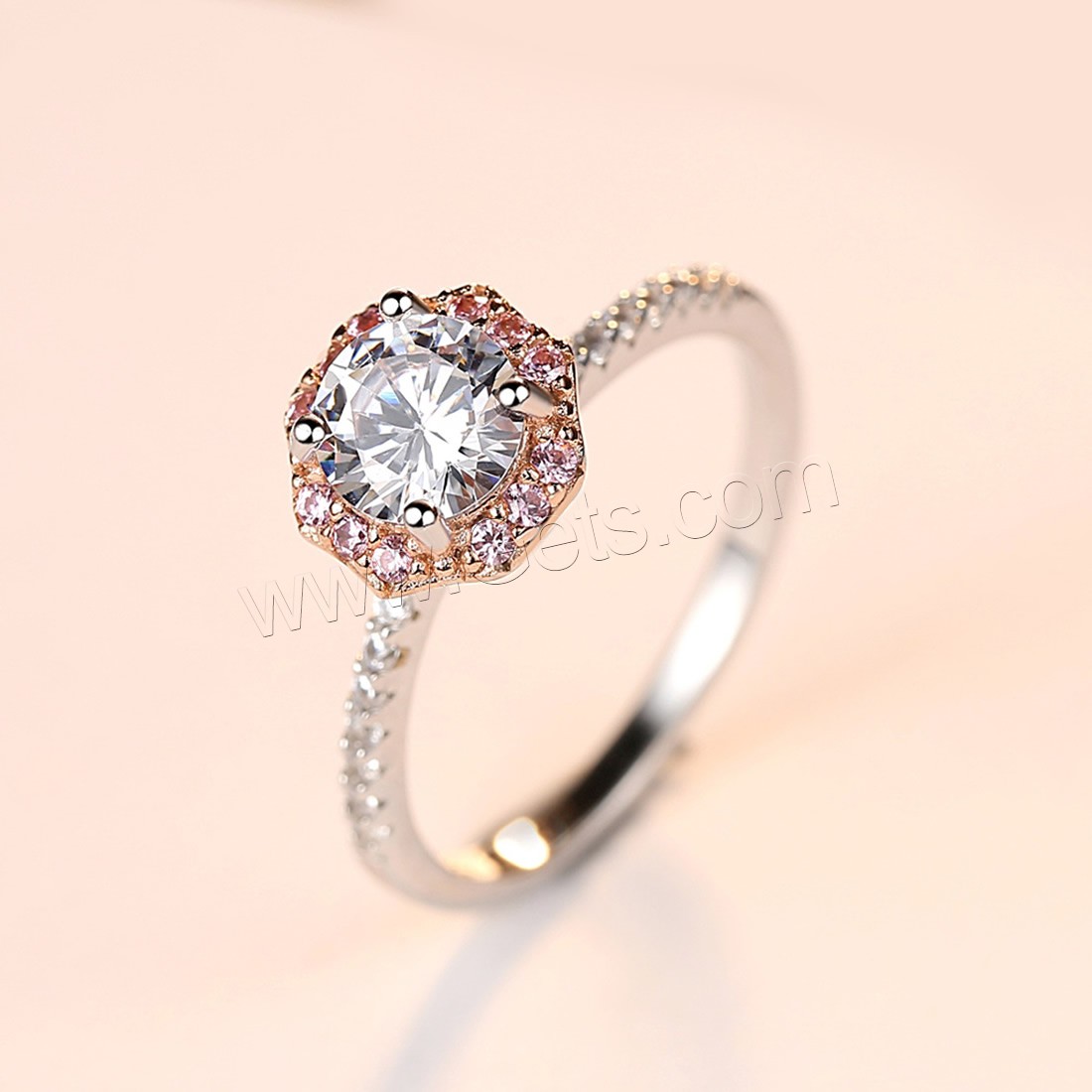 Zirkonia Messing Finger Ring, Blume, plattiert, verschiedene Größen vorhanden & für Frau & mit kubischem Zirkonia, frei von Nickel, Blei & Kadmium, 9x9mm, verkauft von PC