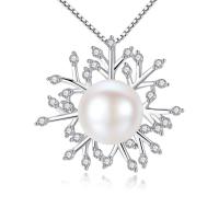 Freshwater Pearl Brass Necklace, with Freshwater Pearl, with 50mm extender chain, Snowflake, platinum plated, box chain & micro pave cubic zirconia & for woman, nickel, lead & cadmium free Approx 15.7 Inch 