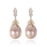 Freshwater Pearl Brass Earring, with Freshwater Pearl, Oval, real gold plated, micro pave cubic zirconia & for woman, nickel, lead & cadmium free 