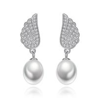 Freshwater Pearl Brass Earring, with Freshwater Pearl, Wing Shape, platinum plated, micro pave cubic zirconia & for woman nickel, lead & cadmium free 