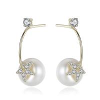 Brass Stud Earring, with Freshwater Pearl, Flower, real gold plated, micro pave cubic zirconia & for woman nickel, lead & cadmium free 