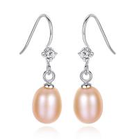 Freshwater Pearl Brass Earring, with Freshwater Pearl, Oval, platinum plated, for woman & with cubic zirconia nickel, lead & cadmium free 