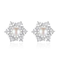 Brass Stud Earring, with Freshwater Pearl, Snowflake, platinum plated, micro pave cubic zirconia & for woman, nickel, lead & cadmium free 