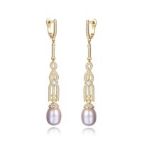 Brass Lever Back Earring, with Freshwater Pearl, real gold plated, micro pave cubic zirconia & for woman nickel, lead & cadmium free 