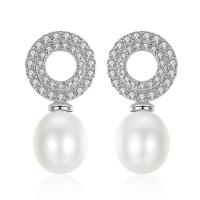 Brass Stud Earring, with Freshwater Pearl, platinum plated, micro pave cubic zirconia & for woman nickel, lead & cadmium free 