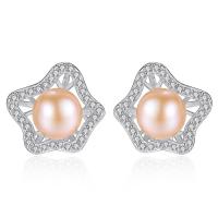 Brass Stud Earring, with Freshwater Pearl, Star, platinum plated, micro pave cubic zirconia & for woman, nickel, lead & cadmium free 