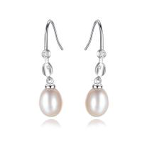Freshwater Pearl Brass Earring, with Freshwater Pearl, Oval, plated, for woman & with cubic zirconia nickel, lead & cadmium free 