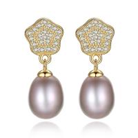 Freshwater Pearl Brass Earring, with Freshwater Pearl, Flower, real gold plated, micro pave cubic zirconia & for woman nickel, lead & cadmium free 