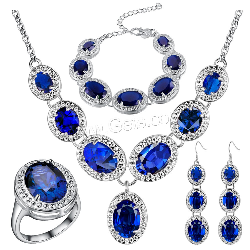 Brass Jewelry Set, finger ring & bracelet & earring & necklace, with Crystal, with 1.18inch extender chain, silver color plated, different size for choice & oval chain & for woman & faceted, more colors for choice, 16x70mm, Length:Approx 17.7 Inch, Approx  8.26 Inch, Sold By Set
