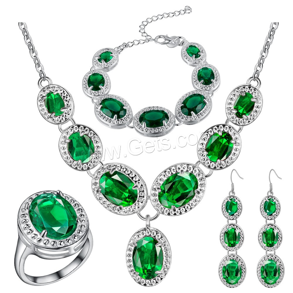 Brass Jewelry Set, finger ring & bracelet & earring & necklace, with Crystal, with 1.18inch extender chain, silver color plated, different size for choice & oval chain & for woman & faceted, more colors for choice, 16x70mm, Length:Approx 17.7 Inch, Approx  8.26 Inch, Sold By Set
