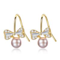 Freshwater Pearl Brass Earring, with Freshwater Pearl, Bowknot, plated, micro pave cubic zirconia & for woman nickel, lead & cadmium free 