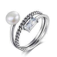 Thailand Sterling Silver Open Finger Ring, with Freshwater Pearl, adjustable & for woman & with cubic zirconia & blacken, 6mm, US Ring 