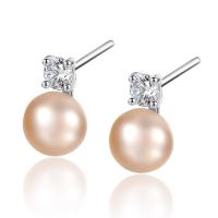 Brass Stud Earring, with Freshwater Pearl, Round, platinum plated, for woman & with cubic zirconia nickel, lead & cadmium free 
