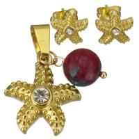 Stainless Steel Jewelry Set, pendant & earring, with Dyed Jade, Starfish, gold color plated, for woman & with rhinestone  Approx 