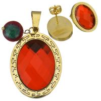 Stainless Steel Jewelry Set, pendant & earring, with Dyed Jade & Crystal, Flat Oval, gold color plated, for woman & faceted  Approx 