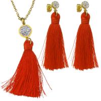 Stainless Steel Jewelry Set, earring & necklace, with Rhinestone Clay Pave & Nylon Cord, Tassel, gold color plated, oval chain & for woman 43mm, 2mm 43mm Approx 17 Inch 