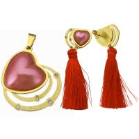 Stainless Steel Jewelry Set, pendant & earring, with Nylon Cord & Glass Pearl, Heart, gold color plated, for woman & with rhinestone  42mm Approx 