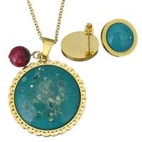 Stainless Steel Jewelry Set, earring & necklace, with Dyed Jade, Flat Round, gold color plated, oval chain & for woman & epoxy gel 2mm, 18mm Approx 19 Inch 