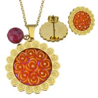 Stainless Steel Jewelry Set, earring & necklace, with Dyed Jade & Resin, Flower, gold color plated, oval chain & for woman 2mm, 18mm Approx 19 Inch 
