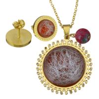 Stainless Steel Jewelry Set, earring & necklace, with Dyed Jade & Resin, Flower, gold color plated, drawbench & oval chain & for woman & with rhinestone 2mm, 14.5mm Approx 18 Inch 