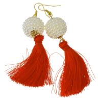 Stainless Steel Tassel Earring, with Nylon Cord & Plastic Pearl, gold color plated, for woman, 91mm 