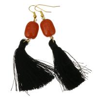 Stainless Steel Tassel Earring, with Nylon Cord & Red Agate, gold color plated, for woman, 86mm 