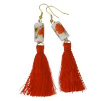 Stainless Steel Tassel Earring, with Porcelain & Nylon Cord, gold color plated, for woman, 88mm 