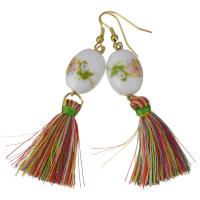 Stainless Steel Tassel Earring, with Porcelain & Nylon Cord, gold color plated, for woman, 75mm 