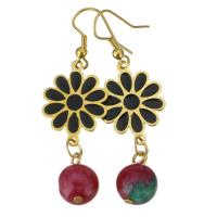 Stainless Steel Drop Earring, with Dyed Jade & Resin, Flower, gold color plated, for woman, 57mm 