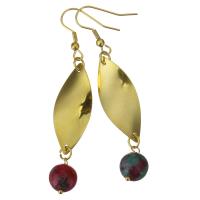 Stainless Steel Drop Earring, with Dyed Jade, gold color plated, for woman, 69mm 