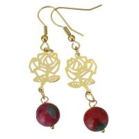 Stainless Steel Drop Earring, with Dyed Jade, Flower, gold color plated, for woman, 57mm 