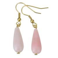Stainless Steel Drop Earring, with Rose Quartz, Teardrop, gold color plated, for woman, 43mm 