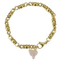 Stainless Steel Bracelet, with Crystal & Rose Quartz, gold color plated, charm bracelet & for woman & faceted  Approx 8 Inch 