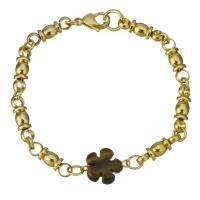 Stainless Steel Bracelet, with Tiger Eye, Flower, gold color plated, for woman  Approx 8.5 Inch 