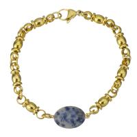 Stainless Steel Bracelet, with Blue Spot, Flat Oval, gold color plated, for woman  Approx 8.5 Inch 