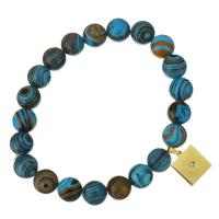 малахит браслет, с нержавеющая сталь, Квадратная форма, плакирован золотом, браслет-оберег & Женский & со стразами 10mm, длина:Приблизительно 8 дюймовый, продается Strand