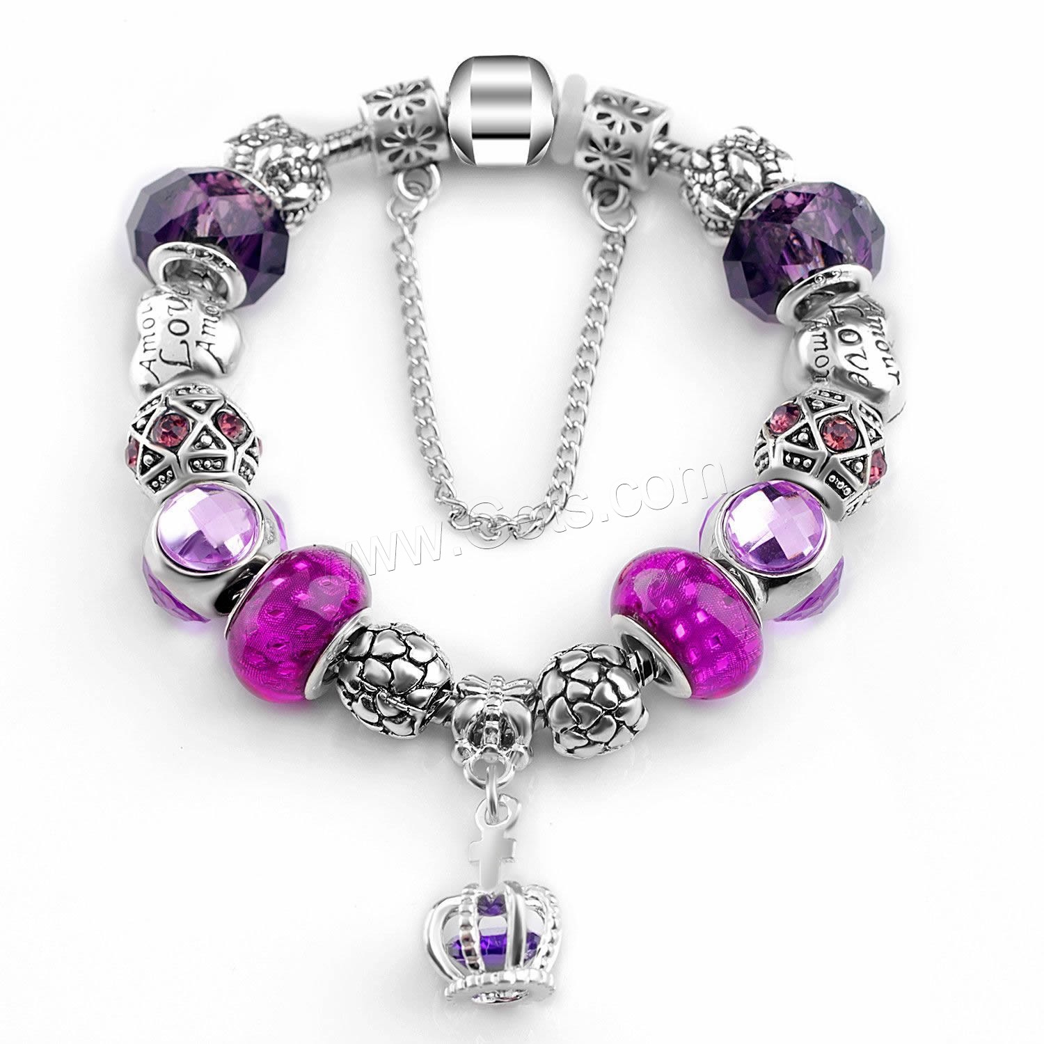 Zinc Alloy European Bracelet, with brass chain & Crystal & Lampwork, plated, With Pendant & different length for choice & snake chain & for woman & enamel & faceted, more colors for choice, Sold By Strand
